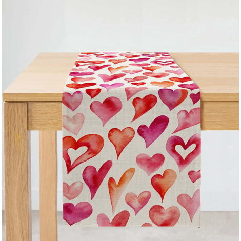 Chemin de table décoratif pour la Saint-Valentin, 33 x 183 cm, motif cœur rouge, style ferme, vintage, pour l'intérieur, pour les fêtes, pour un dîner ou une fête. (1/5)