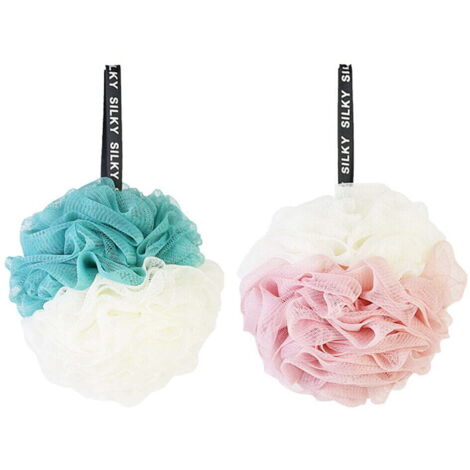 Lot de 2 grandes boules de douche et de bain en maille double couleur, 60 g (blanc et rose + blanc et vert)