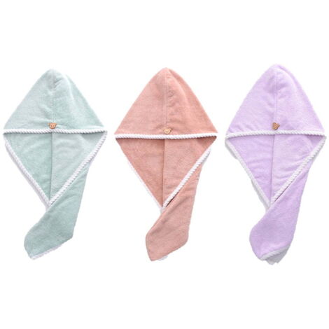 Lot de 3 serviettes en microfibre pour cheveux pour femmes, turban avec boutons, vert, violet, orange et marron