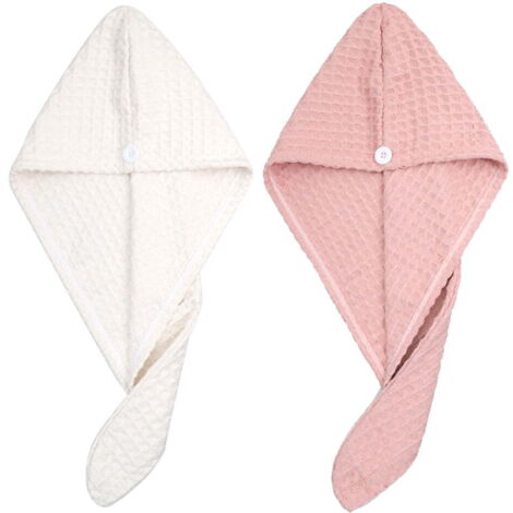 Lot de 2 serviettes en microfibre pour cheveux, douces et à séchage rapide - blanc et rose (1/5)