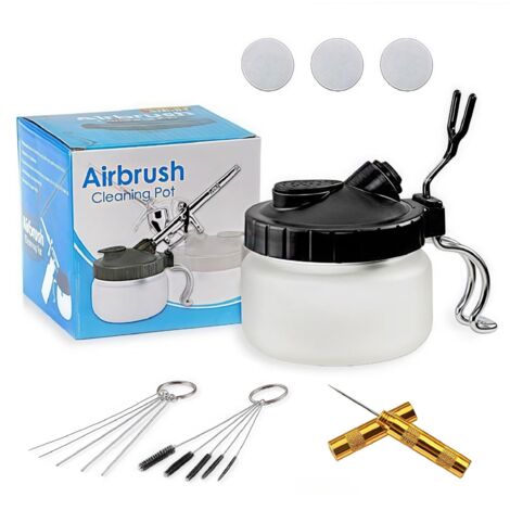 Kit de Nettoyage pour Aérographe Apstour,Set di Pulizia per Aerografo,Aérographe Pistolet Lavage Nettoyage Outils,Pot de Nettoyage en Verre avec Support,5 Brosses,5 Pics et 1 Aiguille Lavage