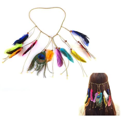 Coiffure Plume Boho Bandeau, Bandeau à Plumes Bohème, Accessoires de Costume Cosplay, Taille Unique, Multicolore, Festival (1/5)