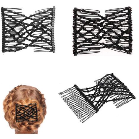 Barrette à Cheveux Barrette Pince à Cheveux Extensible Magic Hair Comb 2pcs Magic Perles Élastique Pince à Cheveux pour Femmes DIY Hair Outil de Coiffure (Noir)