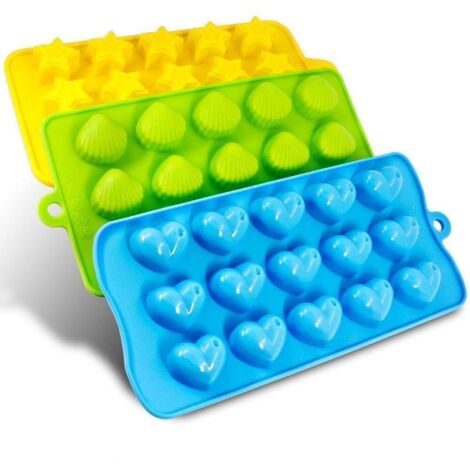 Lot de 3 moules à glaçons en silicone de différentes formes - Cœurs, étoiles et coquillages - Moule à chocolat en silicone - Amusant - Pour enfants, glaçons, chocolat, bonbons (1/5)