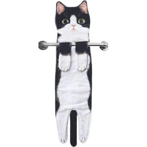 Serviette décorative à suspendre en forme de chat, motif chat noir et blanc, pour cuisine et salle de bain