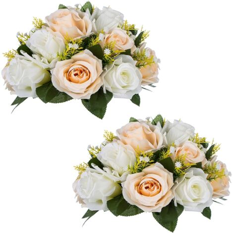Lot de 2 bouquets de fleurs artificielles avec 15 têtes de roses, décoration florale rose champagne blanc (1/5)