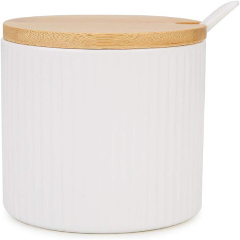 Sucrier en céramique blanc avec cuillère assortie, usage cuisine et table (1/5)