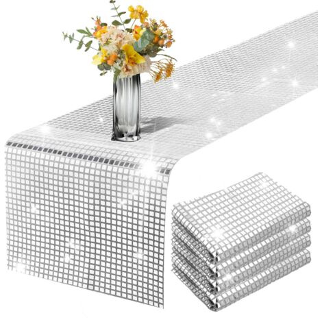 Chemin de table de fête disco à paillettes argentées - 30,5 x 274,3 cm - Décorations de fête d'anniversaire sur le thème des années 70 et 80 - Nappe de table de mariage (1/5)