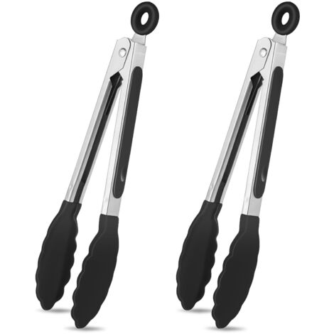 Lot de 2 Pinces de Cuisine en Silicone et Acier Inoxydable - 20 cm - Pointes Sans BPA, Poignée Antidérapante - Résistantes à la Chaleur - Noir