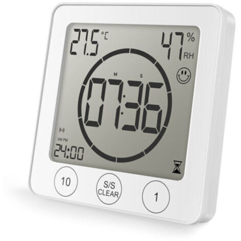 Horloge de Douche Salle de Bain, Contrôle Tactile étanche, Alarme Numérique LCD, Thermomètre Hygromètre, Minuterie de Compte à Rebours, Alimenté par Pile, pour Maquillage Cuisine (blanc)
