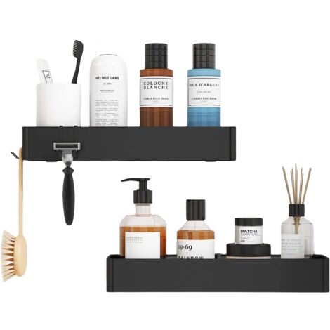 Étagère de douche sans perçage, lot de 2 pièces, couleur noire, rangement salle de bain avec crochets