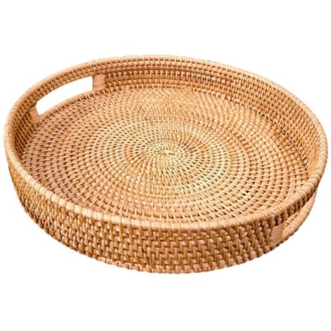 Plateau de service en rotin avec poignées, diamètre 35 cm, panier tressé à la main (1/5)