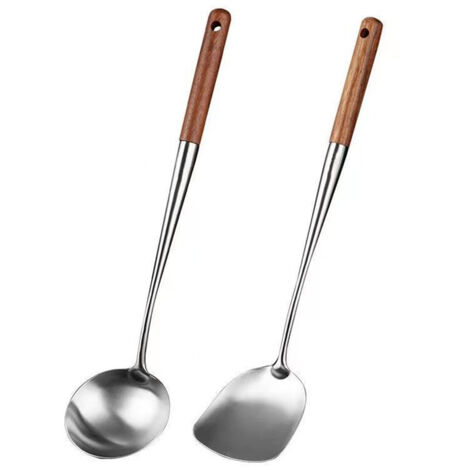 Ensemble d’ustensiles pour wok en acier inoxydable 304, spatule et louche à manche bois (1/5)