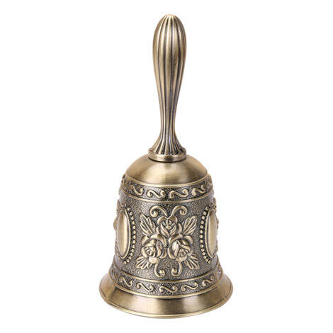 Cloche métallique décorative avec motif fleur, coloris bronze ancien, sonnette manuelle (1/5)