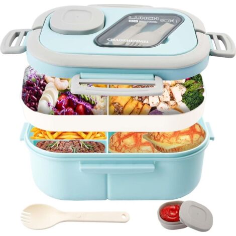 Bento Lunchbox avec des Compartiments, 2 Plis Brotbox Vesperbox Gamelle,Salatbox To Go,Butterbrotdose École avec Göffel Soßenschüssel(Bleu) (1/5)