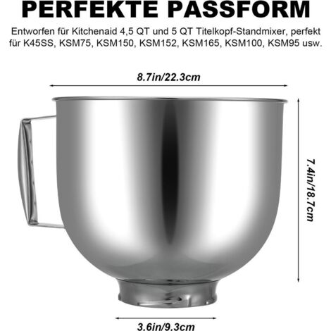 Bol Mélangeur Inox 4,8L Avec Poignée Pour KitchenAid Classic 4.5Qt & Artisan 5QT - Compatible Accessoires Mixeur