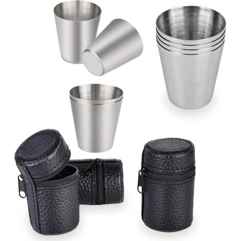 8 Pièces Edelstahlbecher 30ml Petite Liqueur Schnapsbecher Gobelets Empilables ballon de la hanche Tasse de Camping verres à liqueur, Portable tasse en métal avec étui en Cuir pour Vacances de plein a (1/5)
