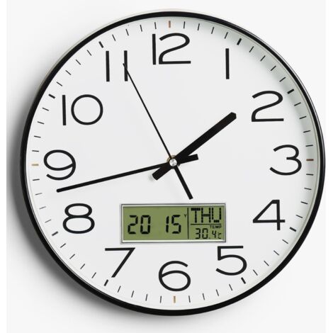 Horloge murale, cadran analogique à piles de 30,5 cm avec écran LCD pour calendrier perpétuel et cadran de température F°/C°, silencieuse, décoration de maison, chambre, cuisine, bureau (blanc (1/5)