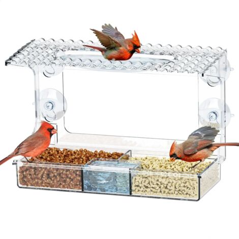Mangeoire Oiseaux Fenêtre, 2 en 1 Mangeoire Oiseaux Exterieur avec Ventouse, Distributeur Graines Oiseaux en Acrylique Transparent, Mangeoires pour Oiseaux Sauvages, Résistant aux Intempéries