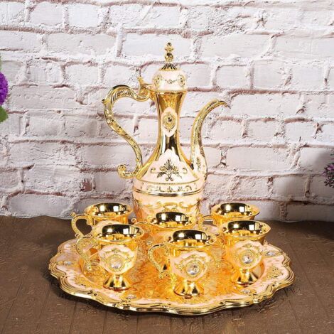 Théière en Métal Turque Vintage, Theiere Marocaine Théière en Métal avec 6 Tasses et Plateau, Service à Thé Turc en Alliage de Zinc, Décoration Maison Style Rétro pour Cadeau ou Décoration (1/5)