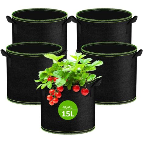Lot de 5 Sacs de Plantation Non Tissé 15L, Sac de Plantation Terre en Tissu avec Poignée, Sacs de Culture de Plantes Réutilisable pour Tomates, Carottes, Fraises, Légumes, Fleurs