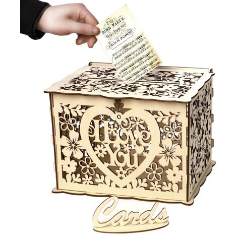 Boîte en bois pour cartes de mariage,tirelire avec fente de verrouillage,tirelire en bois pour réception de mariage,anniversaire de mariage,décoration de fête (I Love You-Petite taille)
