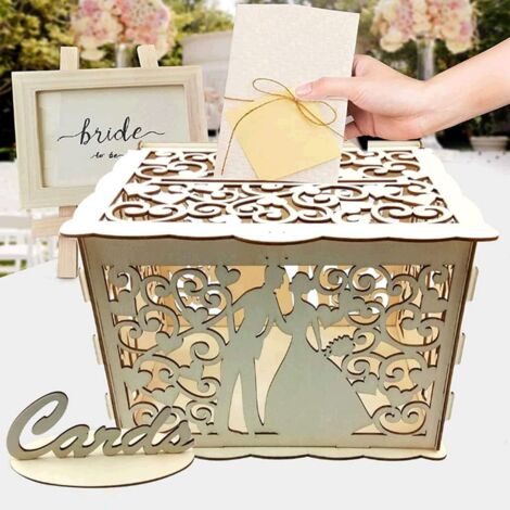 Boîte à cartes de mariage,boîte à cartes de décorations de mariage rustique en bois avec serrure pour la décoration de fête de réception de mariage (1/2)