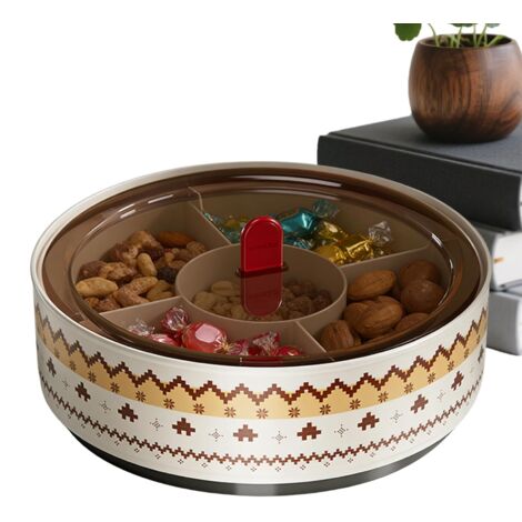 Plateau de Service à Compartiments,Plateau Tournant à Couvercle Transparent avec 5 Compartiments Séparés,Boîte à Snacks - pour Fruits Noisettes Pistaches Cerises Bonbons Voyage Fêtes
