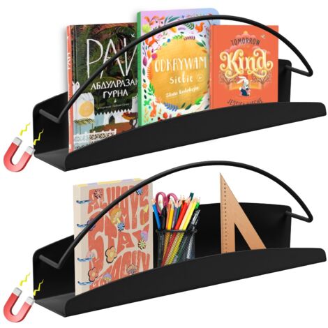Lot de 2 Porte-Documents Magnétiques, Rangement de Fournitures de Bureau Etagere Murale Sans Percage, pour Livres, Disque Vinyle, Photo, Décoratif (30 5.6 11.6cm) (Noir) (1/5)