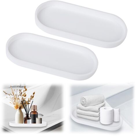 2 Pièces Plateau Décoratif Ovale, Plateau Salle de Bain de Rangement pour Toilette, Facile à Nettoyer, pour Savons Cosmétiques Bijoux Aromathérapie (24.5 11 2cm) (Blanc)