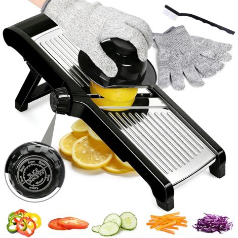 Coupe-légumes multifonction, mandoline réglable en acier inoxydable avec protège-main et gants de sécurité, coupe-légumes pour fruits et légumes (1/5)