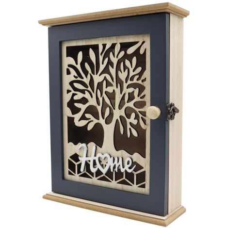 Boîte à Clés en Bois avec Motif Arbre de Vie 28.5x22x7cm Armoire à Clés avec 6 Crochets Murale Décorative pour Entrée Couloir Chambre