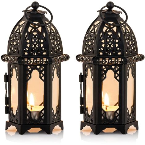 Lanterne à bougies de style marocain — petit porte-thé lumineux, fenêtres en verre transparent, adaptée pour terrasse, intérieur et extérieur, événements, fêtes et mariages — noir