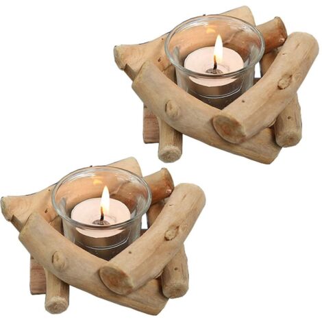 Bougeoirs en Bois pour Bougies Chauffe-Plat Lot de 2, Decorative Bougeoir Rustiques avec Verre Chandeliers Photophore pour Centre de Table de Mariage Ferme Salon Maison Interieur Décorations