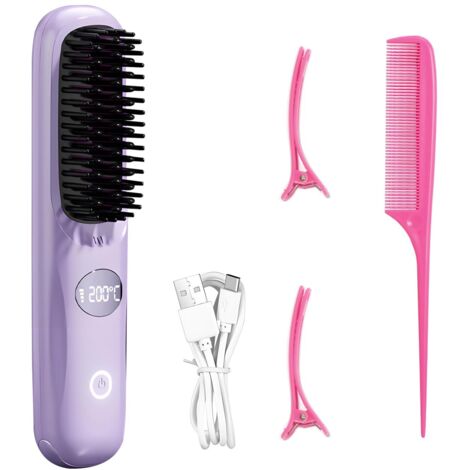 Brosse lissante sans fil, brosse lissante portable pour le voyage, mini peigne lissant ionique chaud pour femme, revêtement céramique, légère pour les retouches, violette (chargeur non inclus)