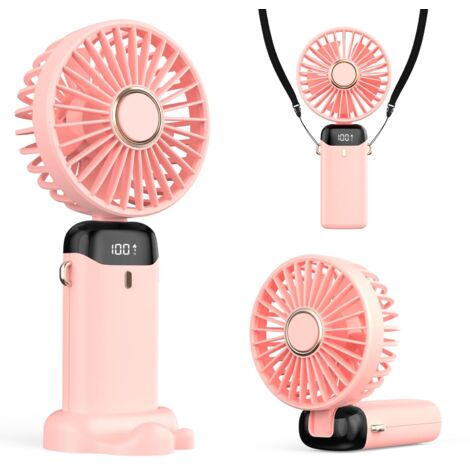 Ventilateur Portable 4200mAh USB avec Écran LED 3-en-1 Main/Cou/Bureau Pliable et Inclinable à 90° Idéal pour Été Bureau Chambre Voyage Cadeau Adultes Enfants (Rose) (1/5)