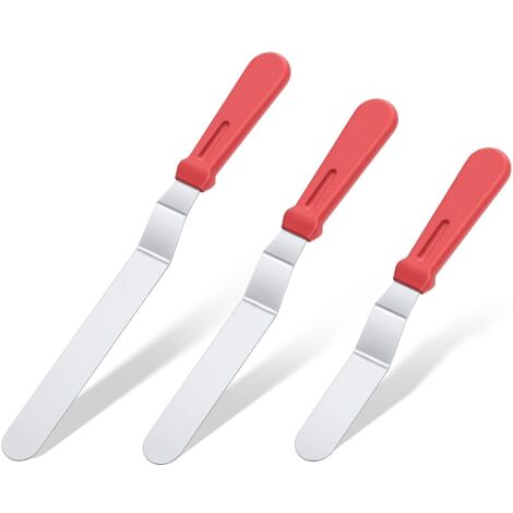 Spatule Coudee Patisserie Lot de 3, Glaçage Gâteaux Spatule Décalée en Acier Inoxydable 18/0 avec Poignée en Plastique PP, Lame de 15 cm/20 cm/25 cm (Rouge) (1/5)