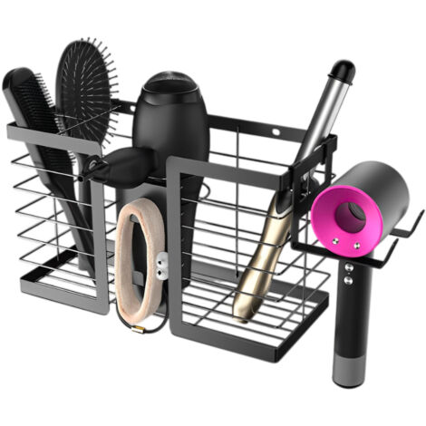 Étagère de rangement multifonctionnelle - support pour sèche-cheveux, boîte de rangement pour salle de bain - noire (1/5)