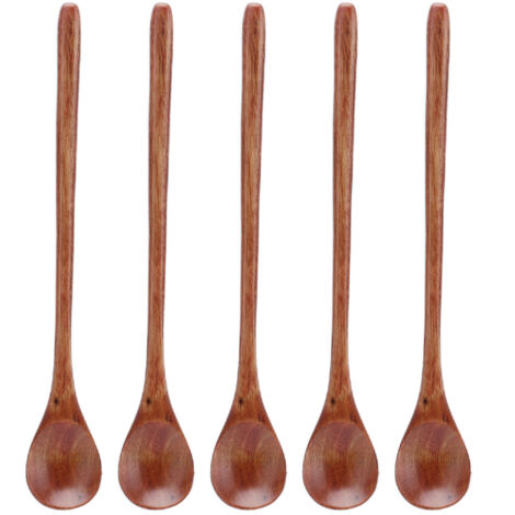 5Cuillère en bois à long manche avec support, multifonctionnelle, résistante à la chaleur et élargie. (1/5)