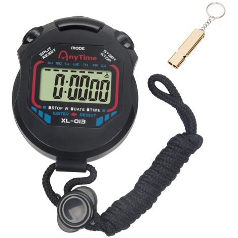 Chronomètre électronique numérique avec siffletABSMatériau, affiche l'heure et la date, noir. (1/5)