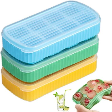 Trois bacs à glaçons ondulés, en silicone, avec couvercles, flexibles et faciles à démouler. (1/5)