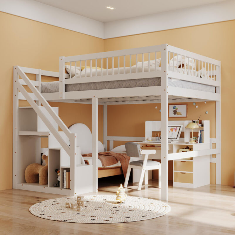 Lit mezzanine 90x200 cm - avec étagères et échelle de rangement - en Lit mezzanine 90x200 cm - avec étagères et échelle de rangement - en
