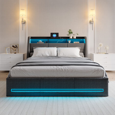 lit coffre 140x190,Lit adult 140x190,lit 140x190,lit double,LED réglable et chargement USB,La tête de lit comporte 3 compartiments de rangement,lin,Gris foncé (1/5)