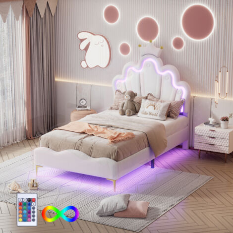 lit enfant 90x200,lit princesse, lit fille,Lit de couronne,Tête de lit en forme de couronne,Bande lumineuse LED réglable,PU,blanc