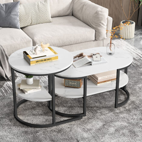 Table basse, Table basse salon, Table basse ovale avec table d'appoint ronde, design minimaliste et fonction de rangement, Noir