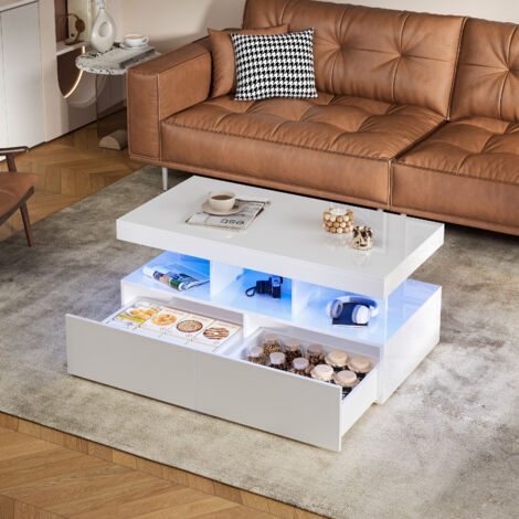 Table basse, Table basse salon, Table de salon, Table basse LED à haute brillance avec espace de rangement et contrôle APP/remote, design moderne à double couche, Blanc