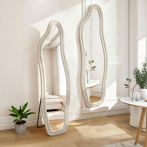 Miroir, Miroir sur pied, Grand miroir, Miroir sur pied design - Grand miroir chambre 160x50 cm avec cadre en velours, Miroir mural moderne, Blanc