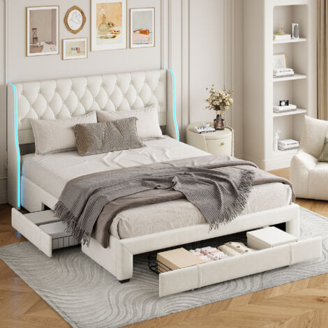Lit 160x200 avec sommier, Lit coffre 160x200 avec sommier, Lit led 160 x 200, Lit Design Contemporain en Velours Beige 160x200 avec 3 Tiroirs Métalliques Pratiques (1/5)