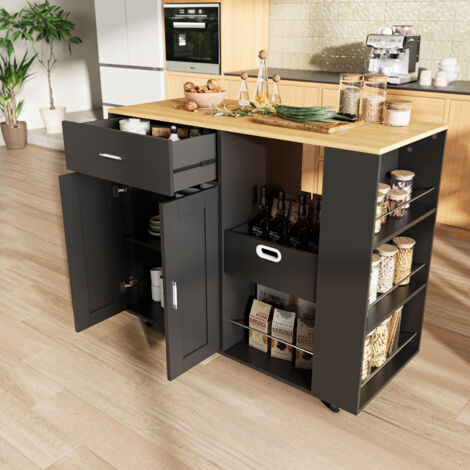 îlot Central Cuisine avec Rangement et Plan de Travail – Meuble de Cuisine Pratique et Mobile avec Plateau en Bois de Chêne, Étagères Ouvertes et Grand Espace de Rangement, Noir