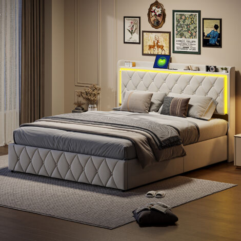 lit 160x200,lit coffre 160x200,Tête de lit avec chargement USB et lumières LED réglables,Tête de lit design rivetée,Tissu en velours confortable,Beige (1/5)
